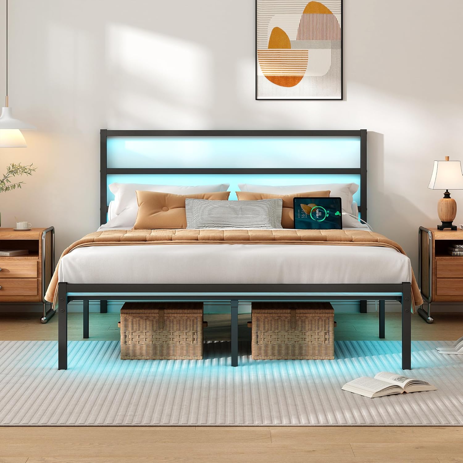 Full Size Bed Frame with Headboard and USB Charging Station
