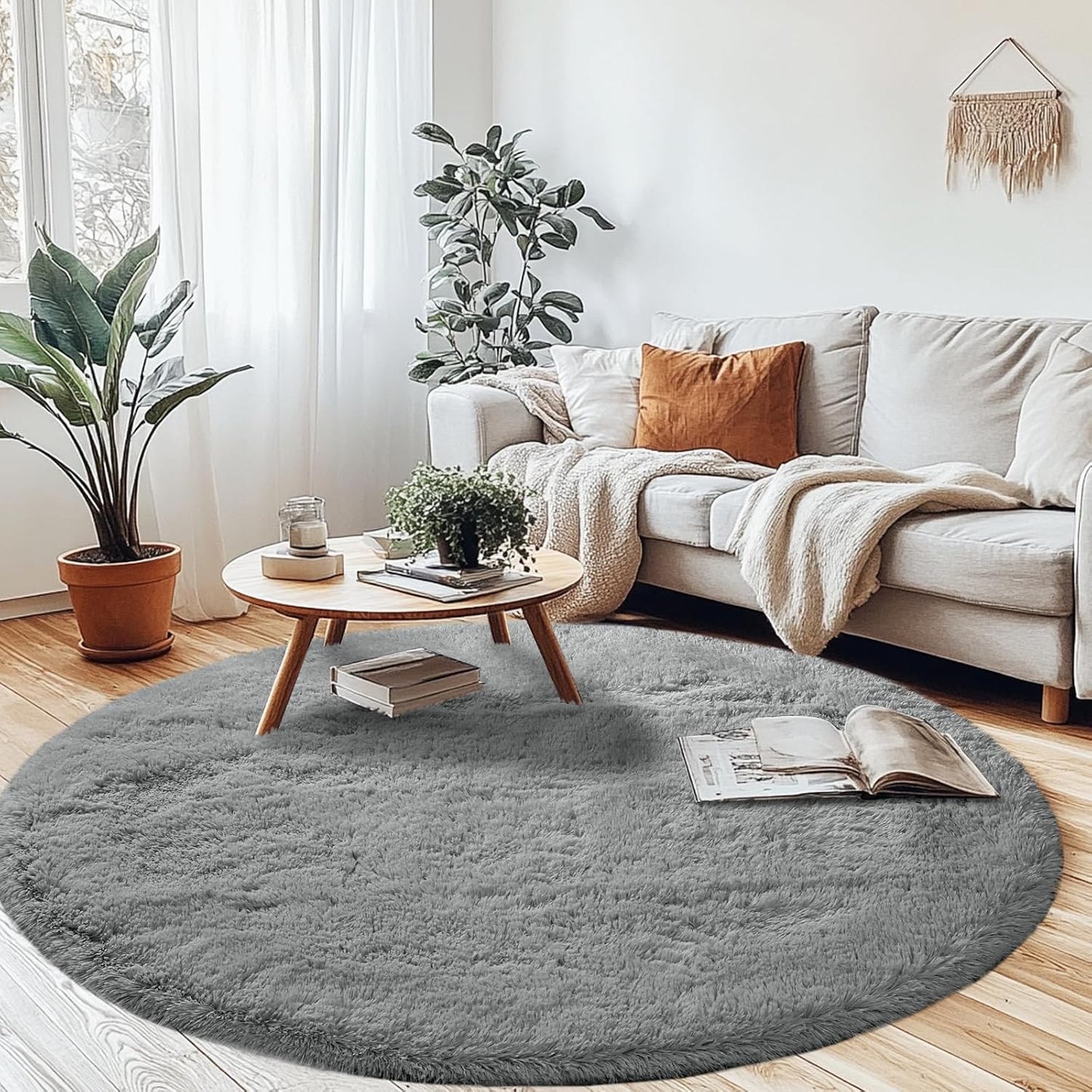 Grey Round Fluffy Rug for Bedroom - Soft 5x5 Feet Area Rug