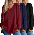 3 Pack Women's Oversized Waffle Knit Shirts V Neck Long Sleeve Tops
