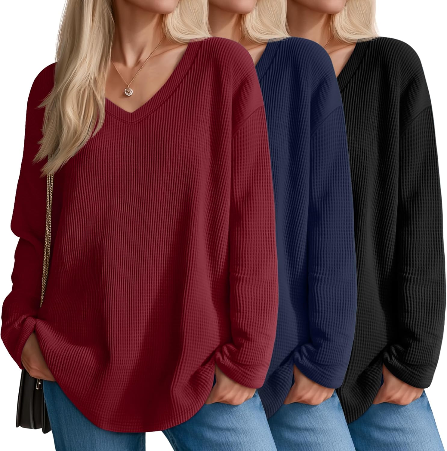 3 Pack Women's Oversized Waffle Knit Shirts for Casual Style