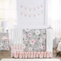 Grey Watercolor Floral Baby Girl Crib Bedding Set - 4 Piece