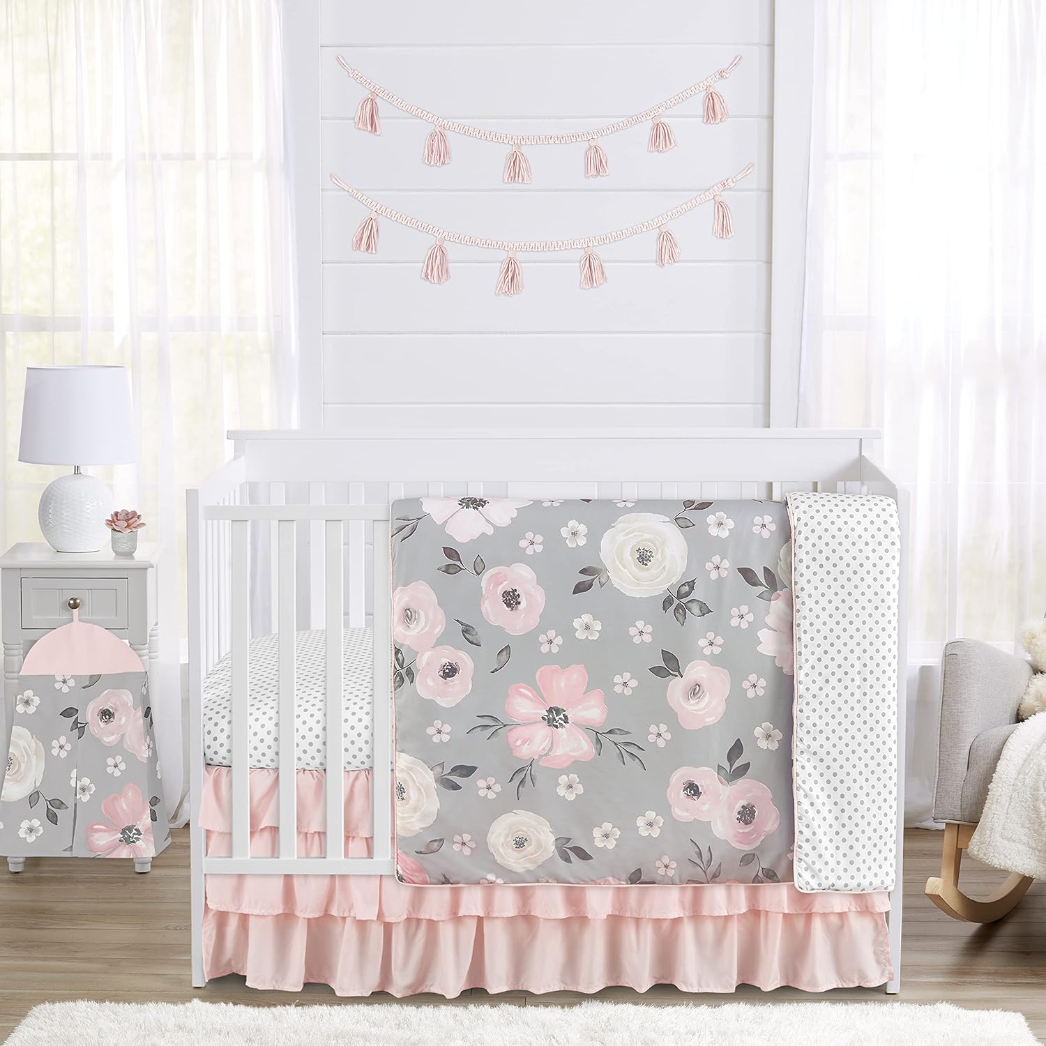 Sweet Jojo Designs Grey Watercolor Floral Baby Girl Crib Set