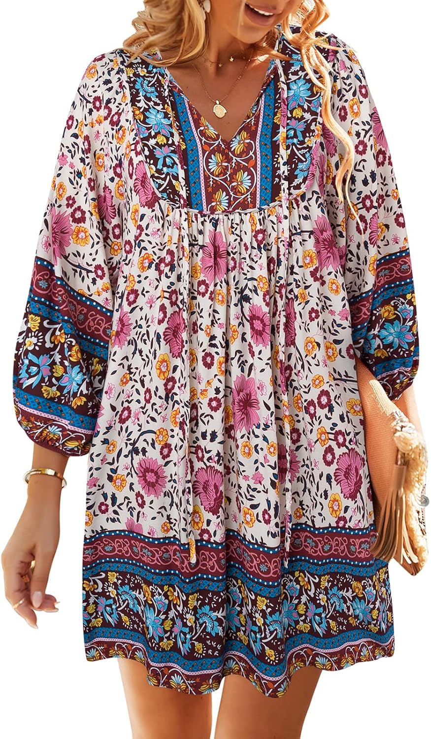 TEMOFON Women's Boho Mini Dress: Summer Floral V Neck Style