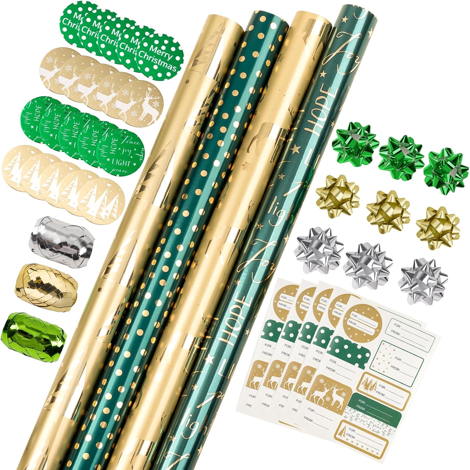 Green Christmas Wrapping Paper Set with Gift Bow & Ribbon