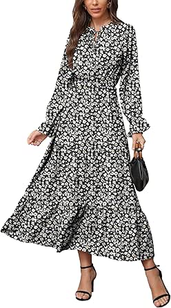 KIRUNDO Women's Long Sleeve Tie Crew Neck Maxi Dress for Fall