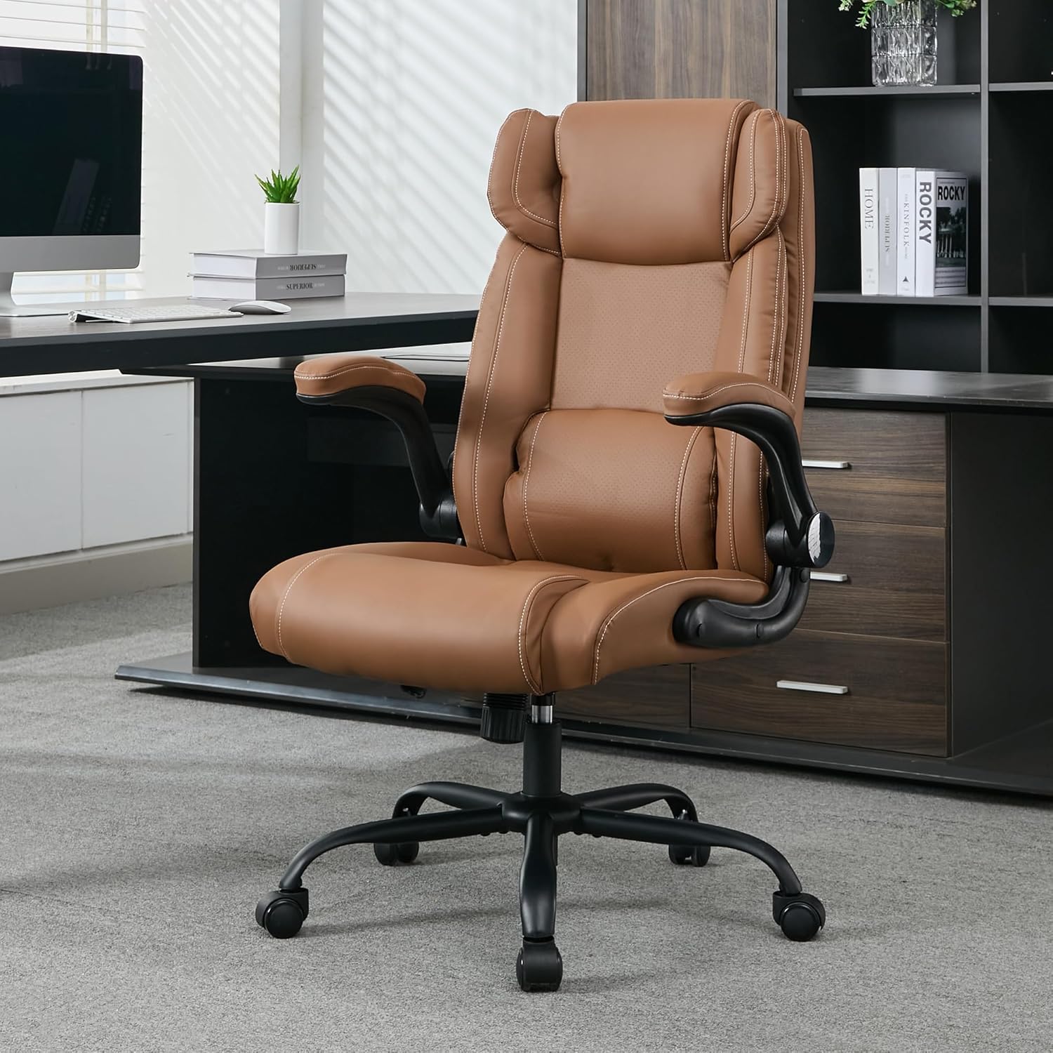 Ergonomic Mid-Back Leather Desk Chair - Rocking Function