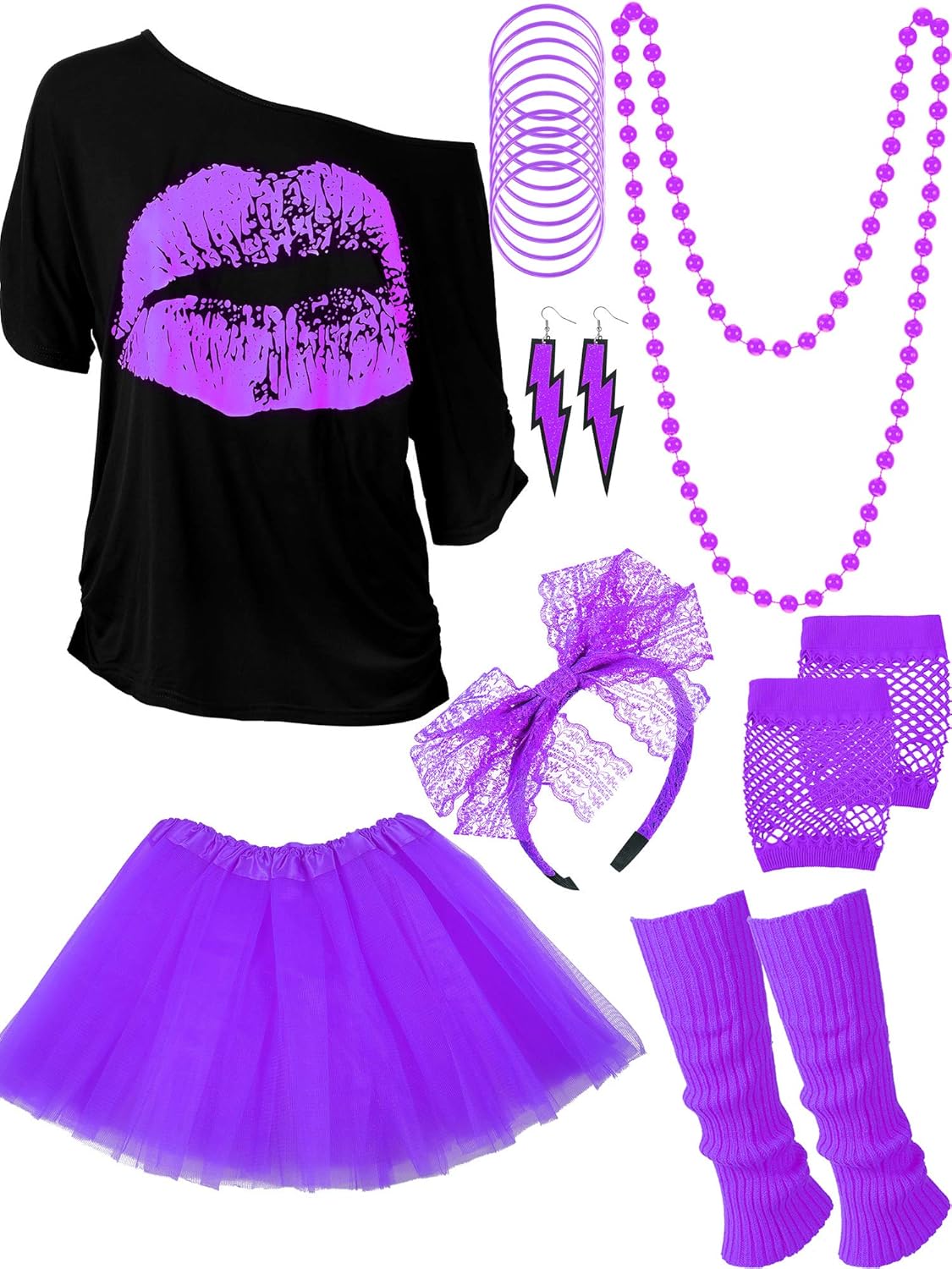 80s Outfit Costume Accessories for Women with Purple T Shirt