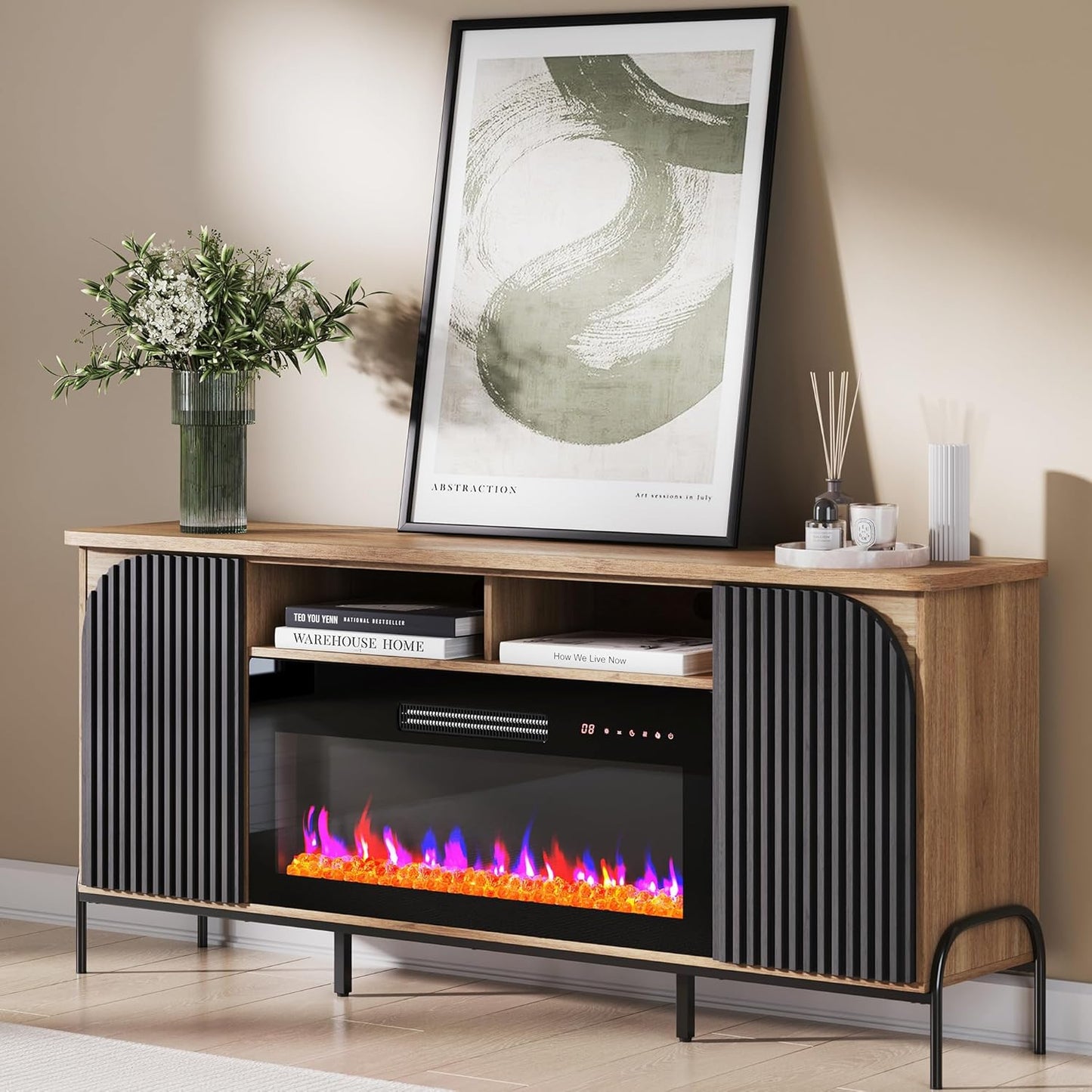 Modern Fluted TV Stand with Fireplace & Storage