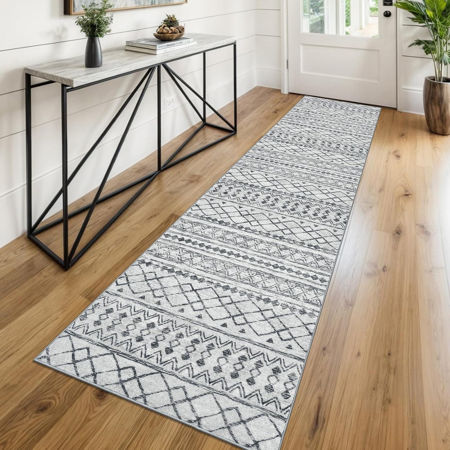 KUTA Boho Runners for Hallways 2x8 Grey Moroccan Washable Rug