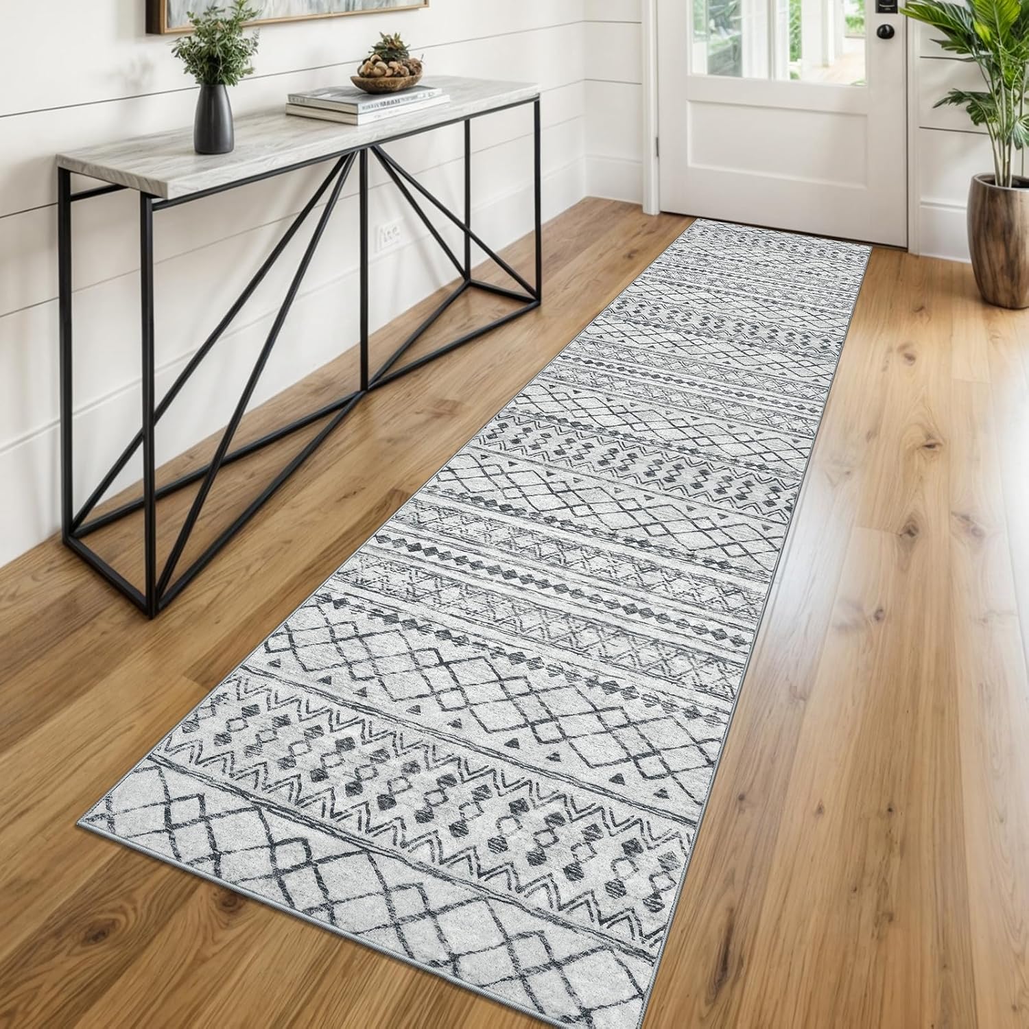 KUTA Boho Runners for Hallways 2x8 Grey Moroccan Washable Rug