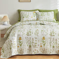 Reversible Quilt Set King - Yellow Flowers Green Leaves Botanical