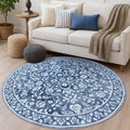 Blue and White Round Rug 6 Ft - Washable Vintage Floral Circle Rug