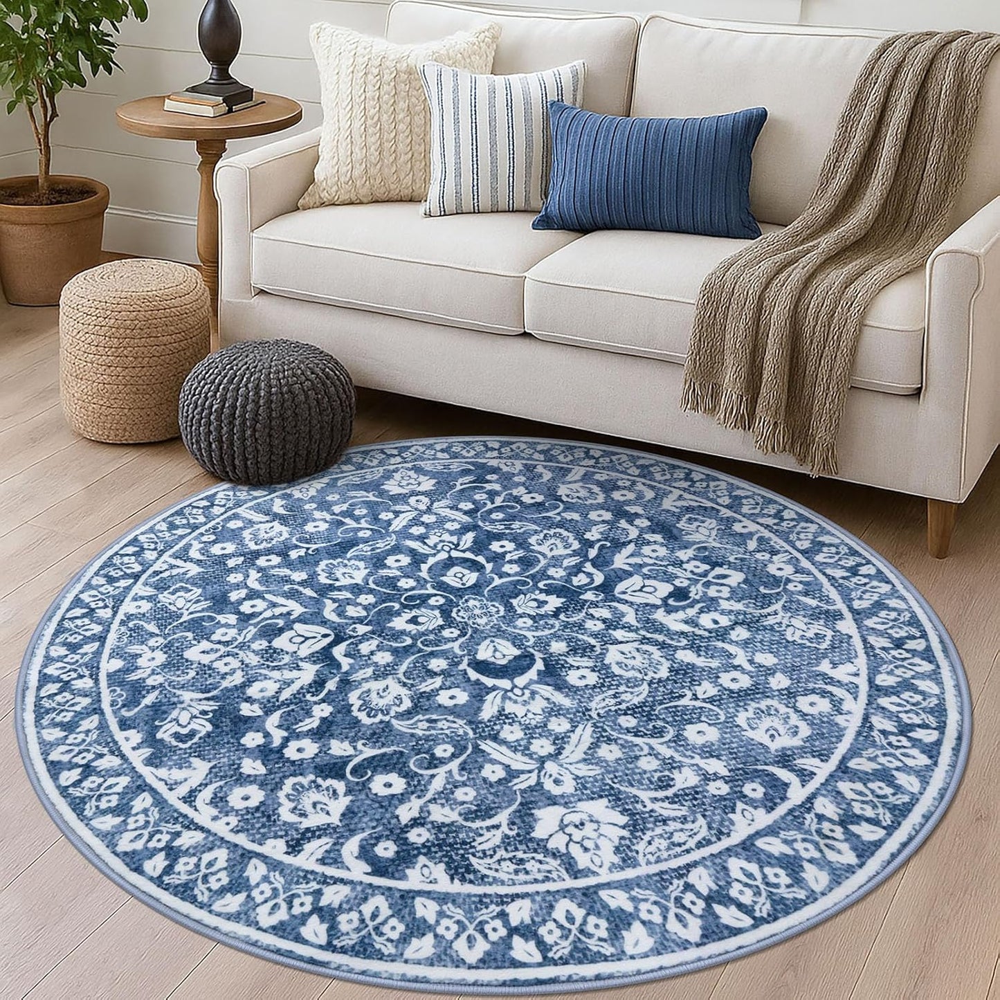 Blue and White Round Rug 6 Ft for Entryway and Living Room