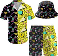 Men's Hawaiian Shirt and Shorts Set with Bucket Hat for Summer
