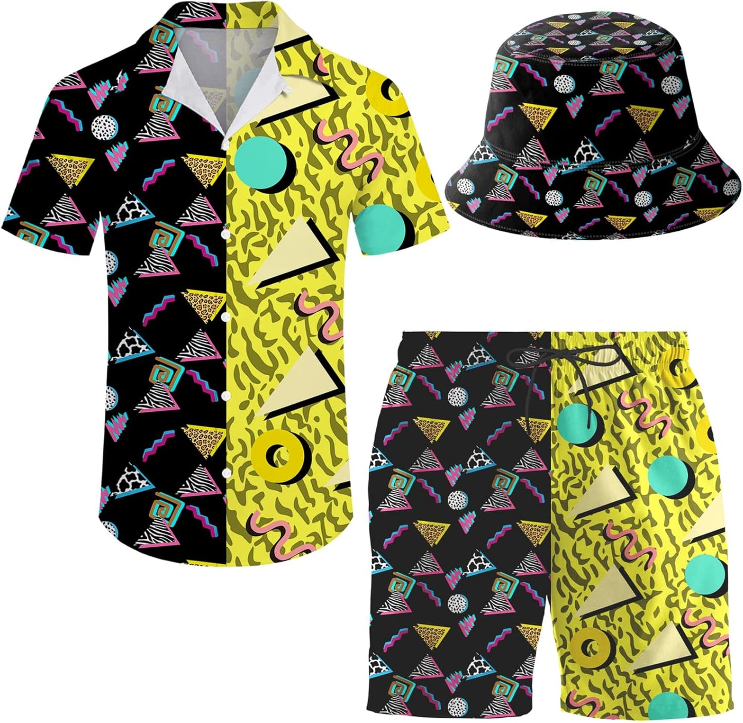 Men's Hawaiian Shirt and Shorts Set with Bucket Hat for Summer