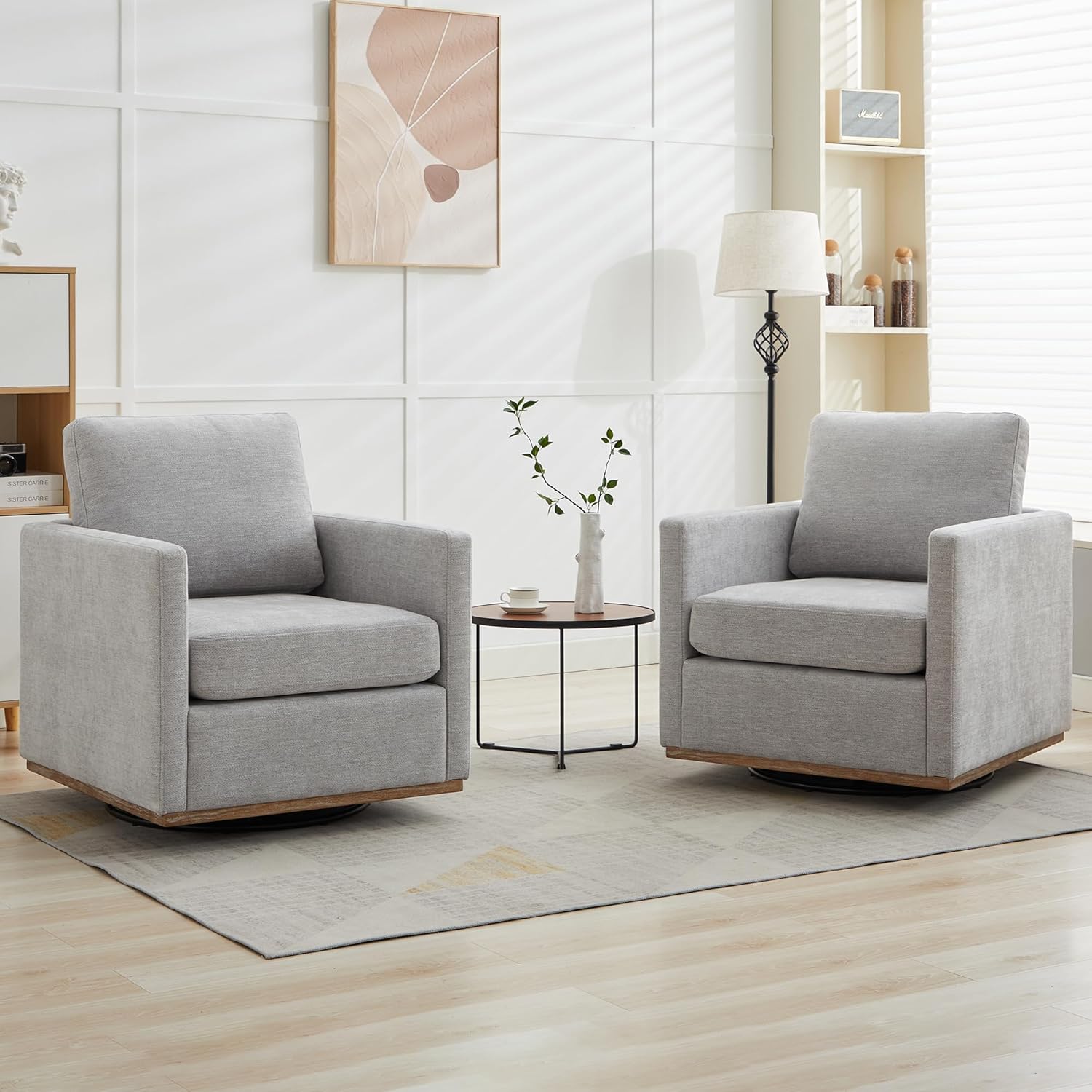 Set of 2 Mid Century Swivel Chairs - Comfy Wavy Chenille, Light Gray