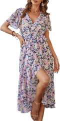 Summer Floral Boho Maxi Dress Wrap V Neck - Flowy Ruffle Maxi