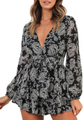 Relipop Womens Floral Print Romper V Neck Long Sleeve - Flowy