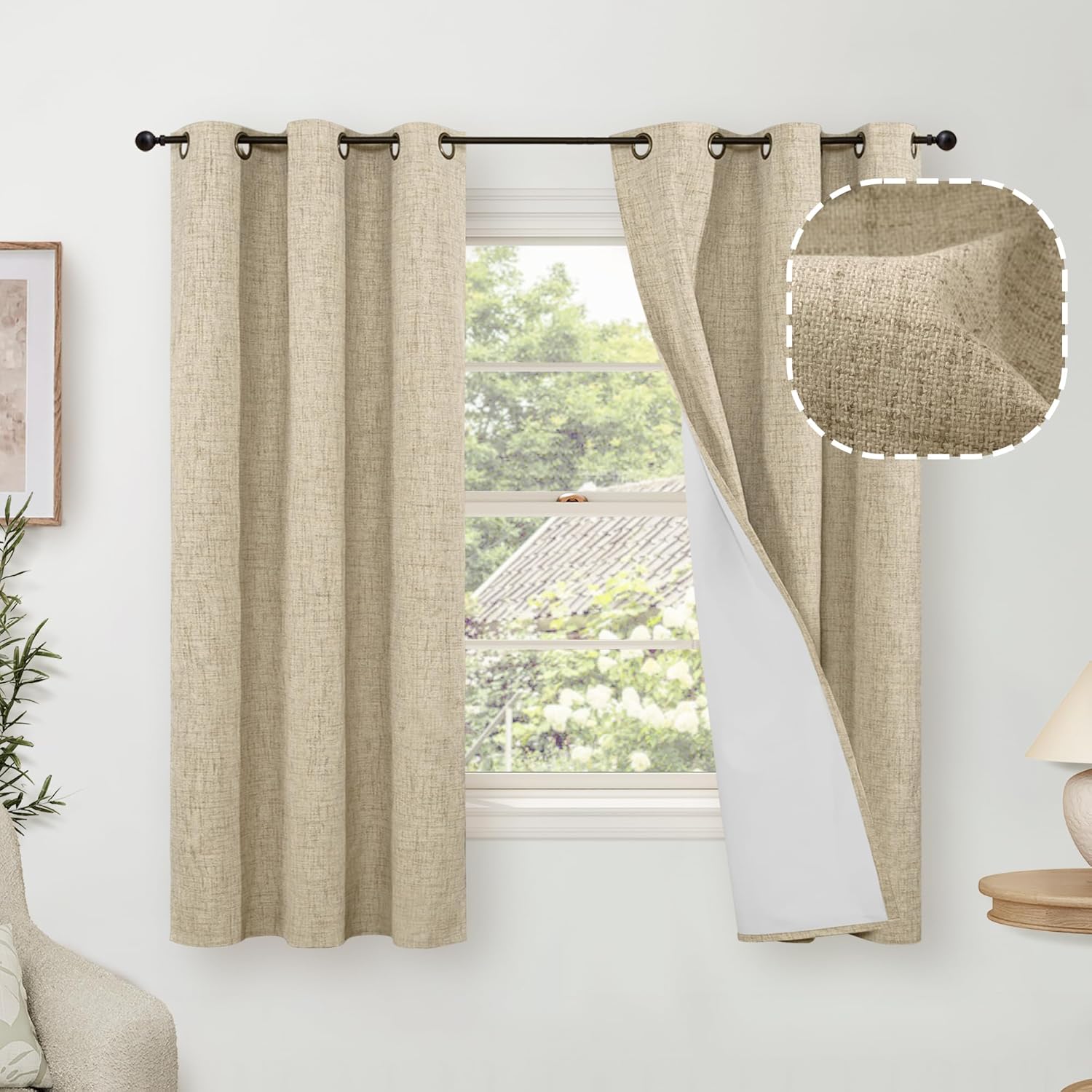Linen Blackout Curtains for Bedroom Narrow Window - 100% Blackout