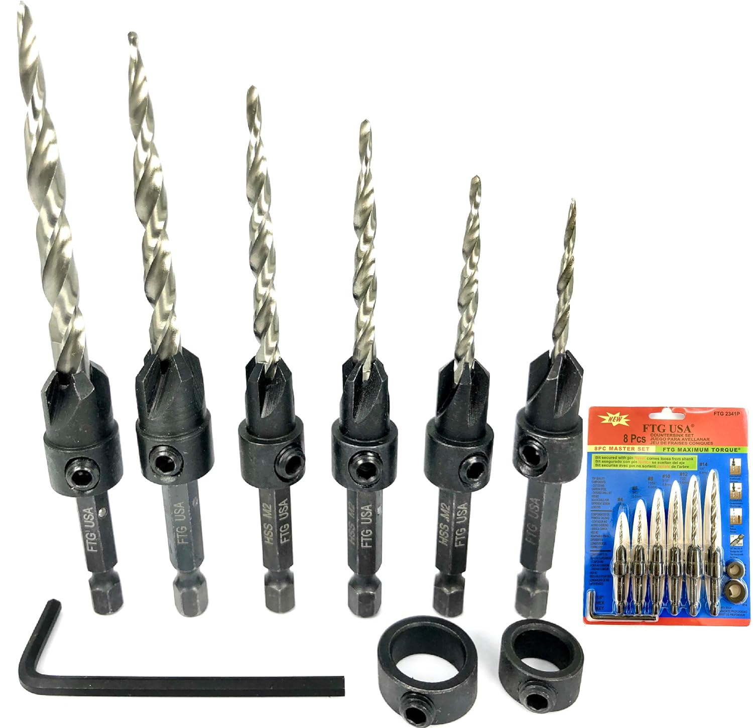 FTG USA Adjustable Wood Countersink Drill Bit Set for Woodworking