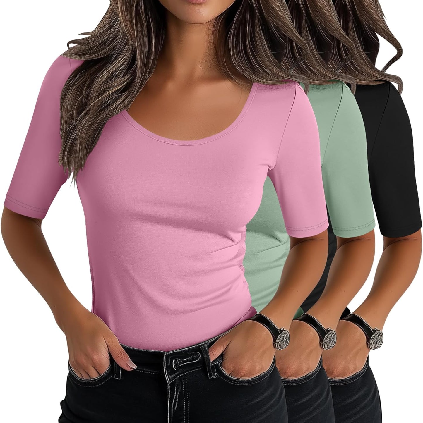 Neer Women's Scoop Neck Stretchy Tops - 3 Pack Casual Tees