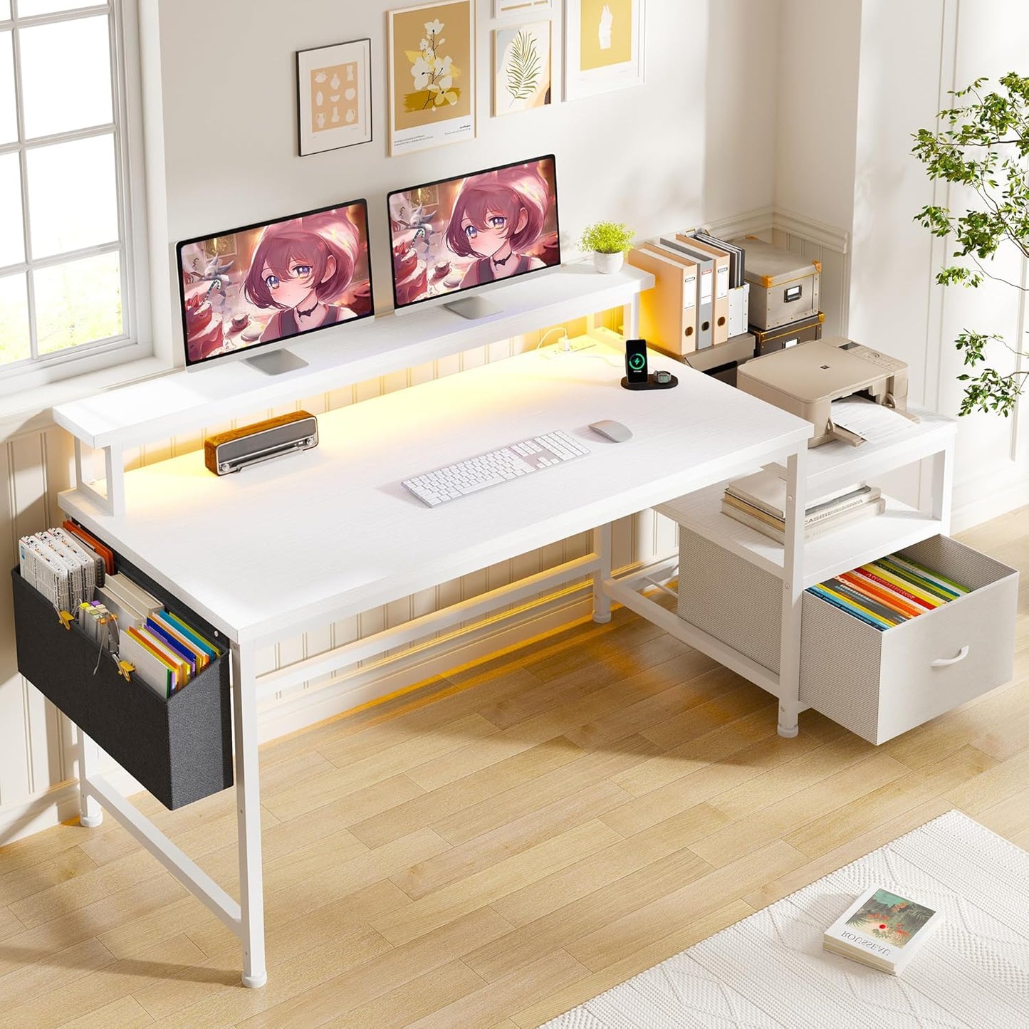 EnHomee 57 Office Desk with Drawers and Charging Station