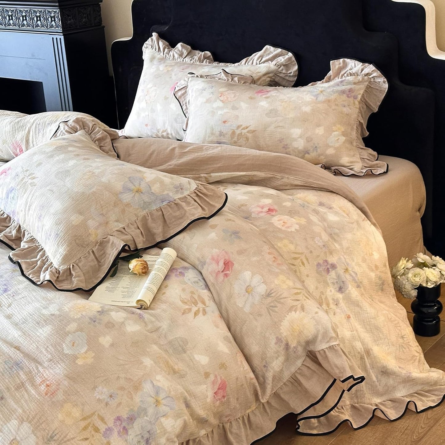 Ruffle Duvet Cover Queen Muslin Cotton Vintage Flower Bedding Set
