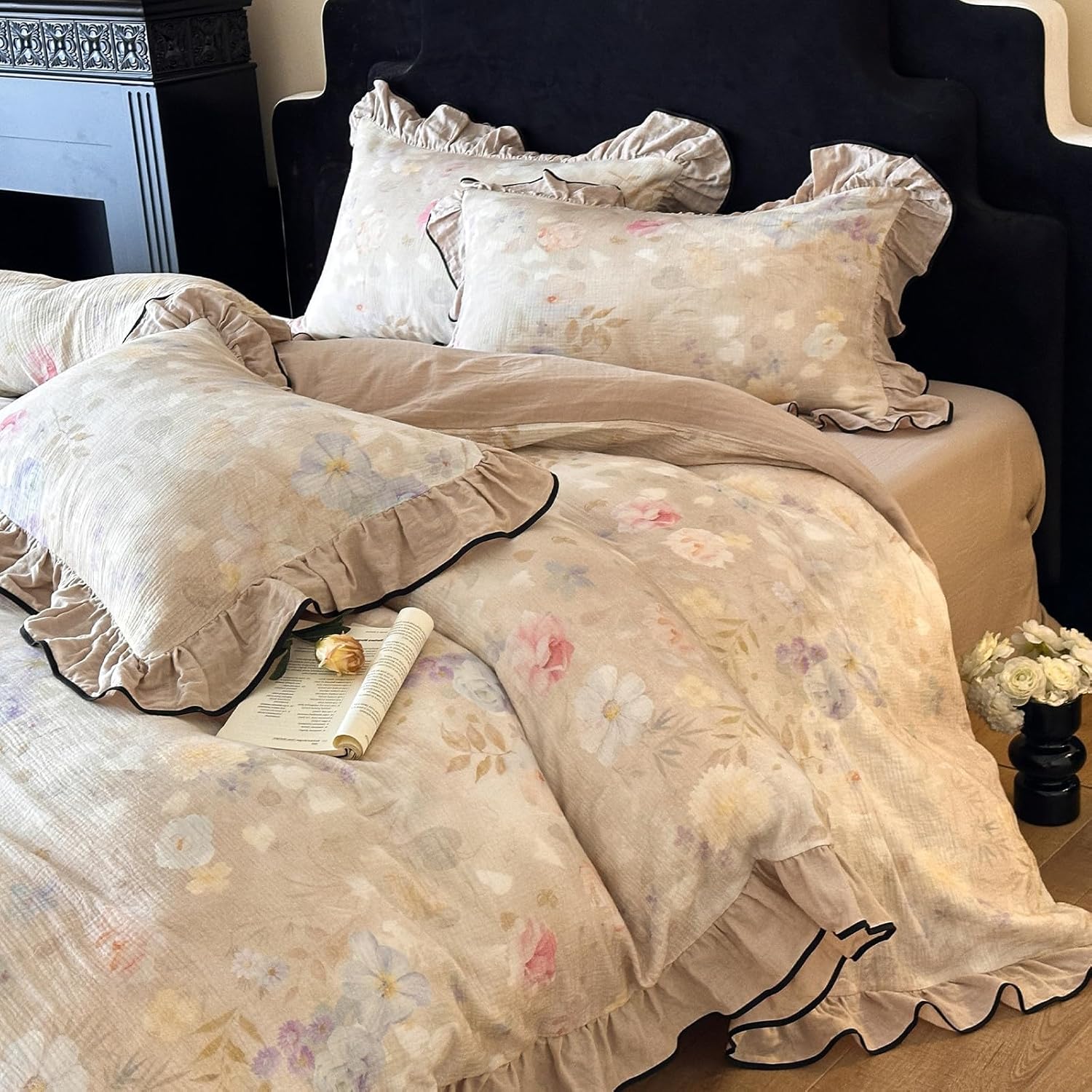 Ruffle Duvet Cover Queen Muslin Cotton Vintage Flower Bedding Set