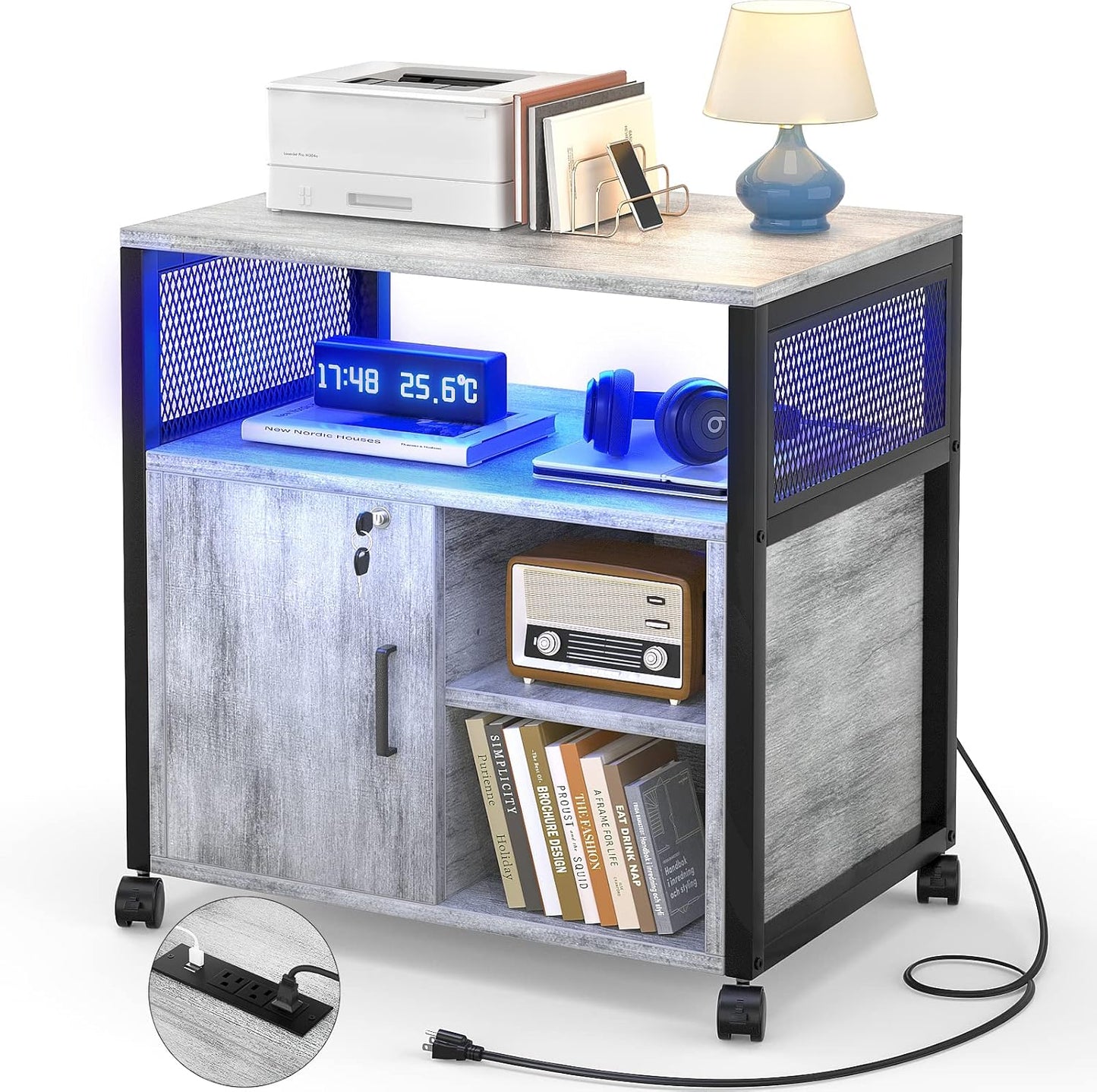 Unikito Lateral Filing Cabinet with LED Lights and Power Outlets