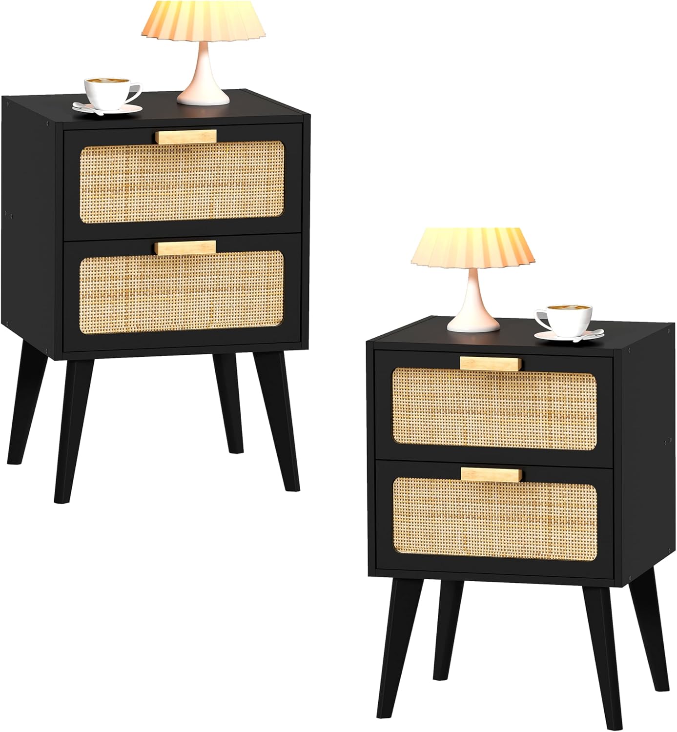 Rattan Nightstand Set of 2 for Mid Century Modern Style