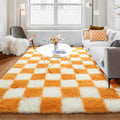 Soft Fluffy 5x8 Orange and Cream Checkered Shag Rug - Cozy Plush Floor