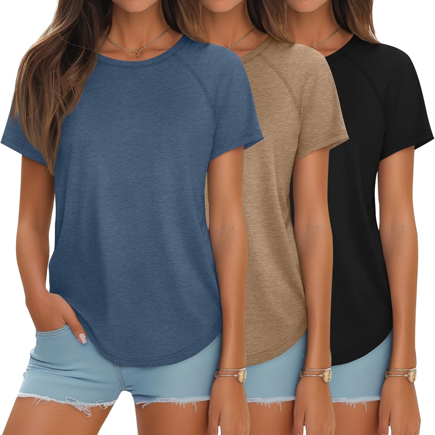 Ficerd 3 Pcs Women Short Sleeve Shirts for Summer Style