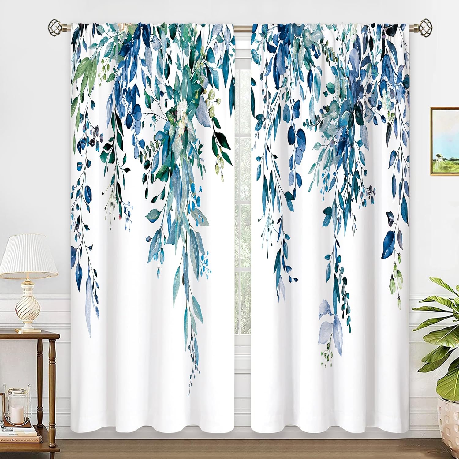 Teal Eucalyptus Botanical Leaves Curtains for Farmhouse Decor
