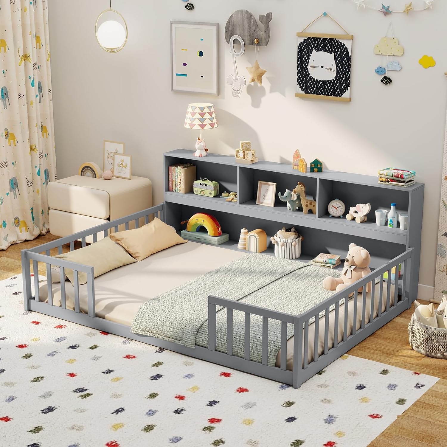 Giantex Full Size Floor Bed for Kids with Bookcase & Safety Rails