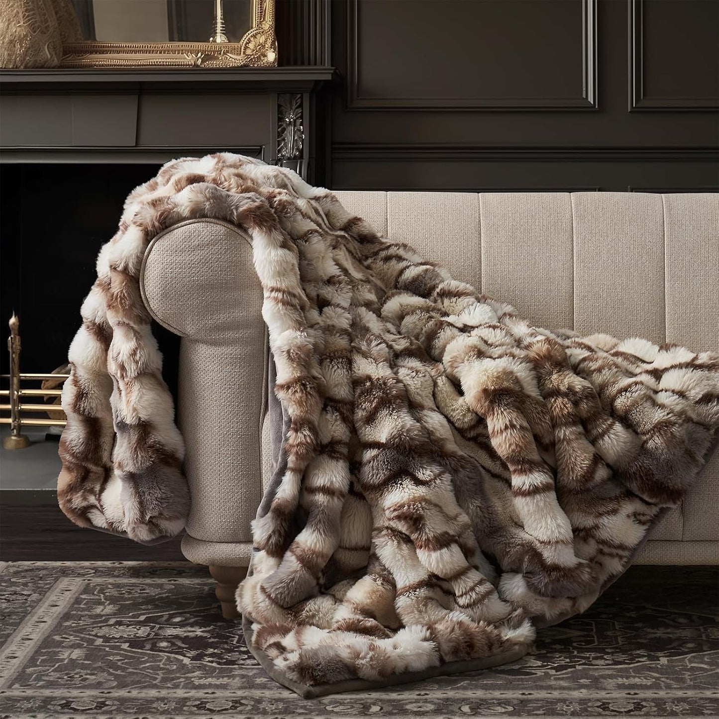 Ultra Soft Ridgeline Faux Rabbit Fur Throw Blanket for Cozy Comfort