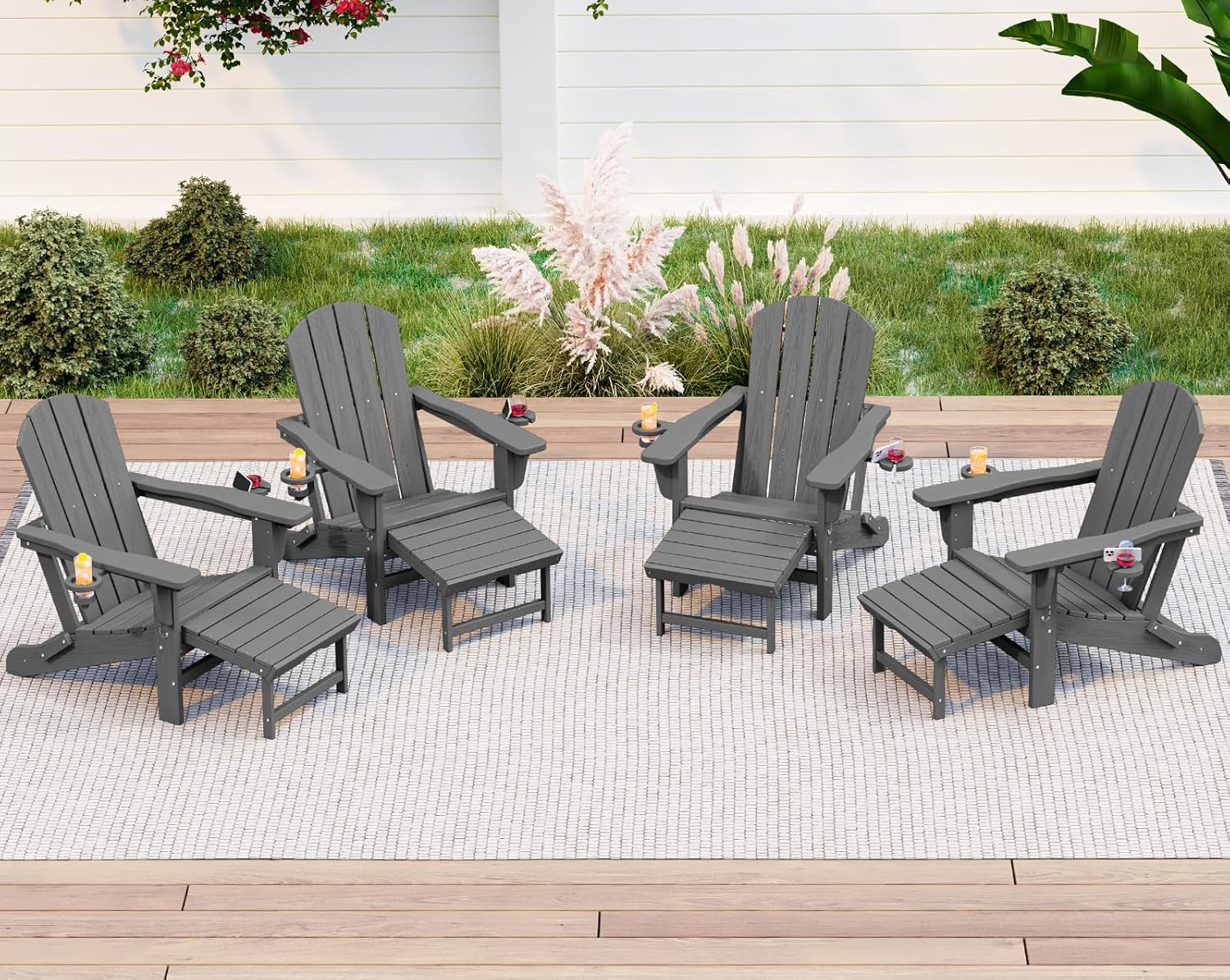 Folding Adjustable Adirondack Chair with Ottoman & Cup Holders