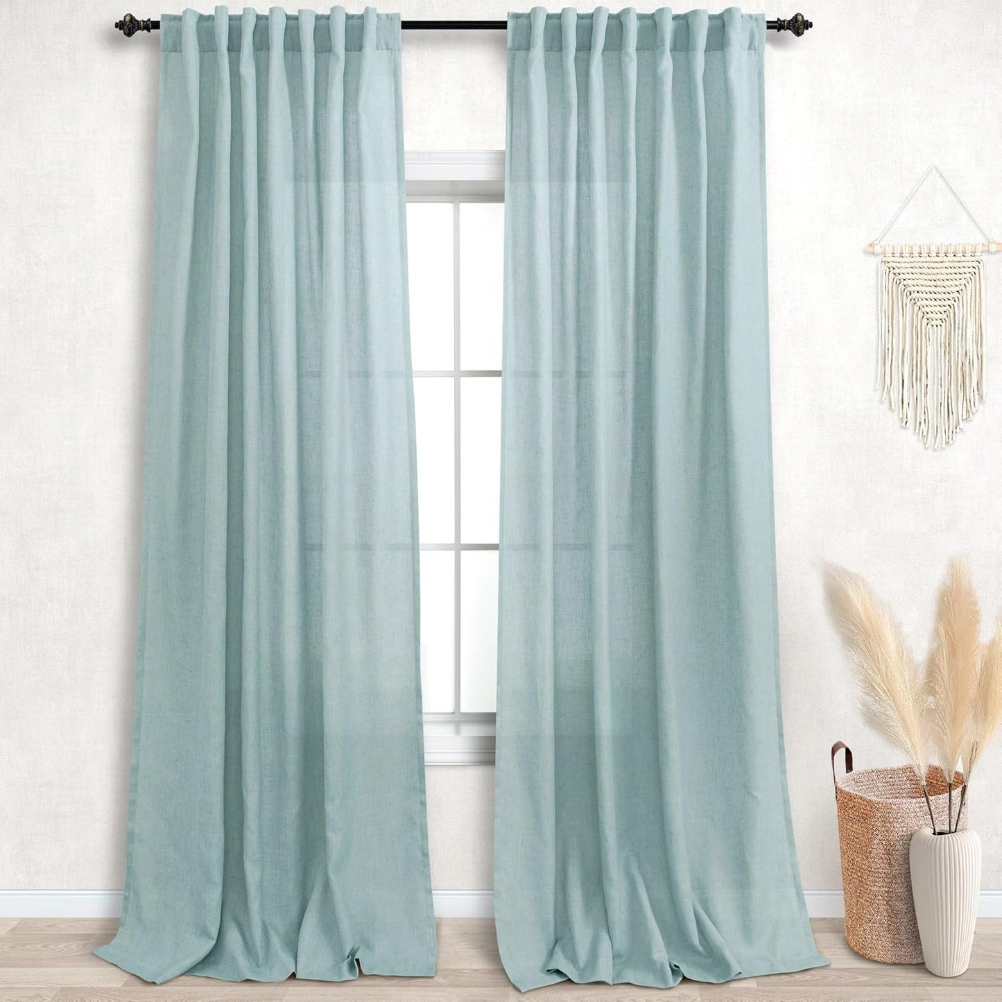 KOUFALL Sea Green Back Tab Rod Pocket Linen Sheer Curtains 52x96