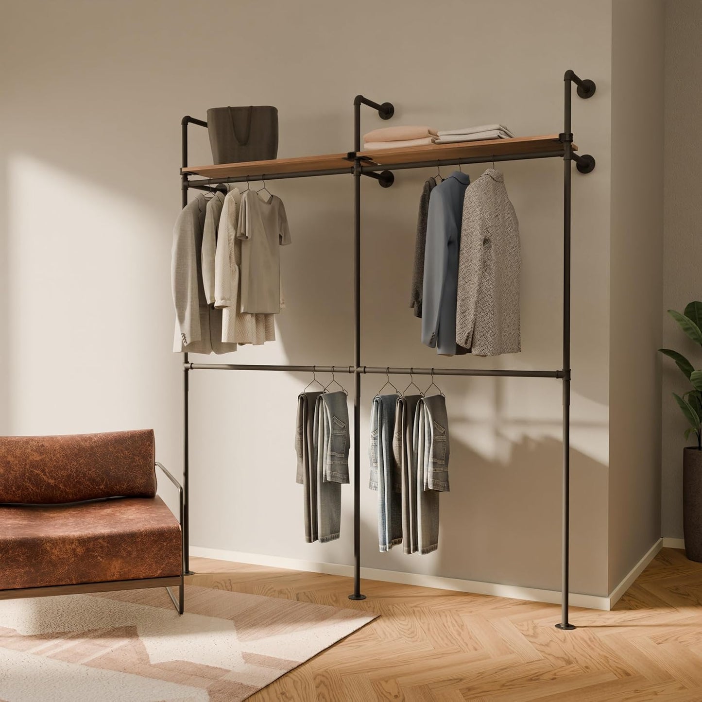 Industrial Pipe Clothing Rack with Shelf - 700 lbs Capacity