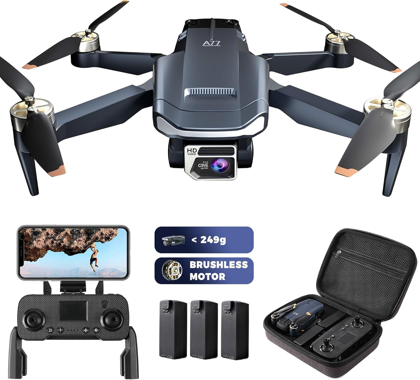 CHUBORY A77 Brushless Motor Drone with 4K HD Camera for Adults