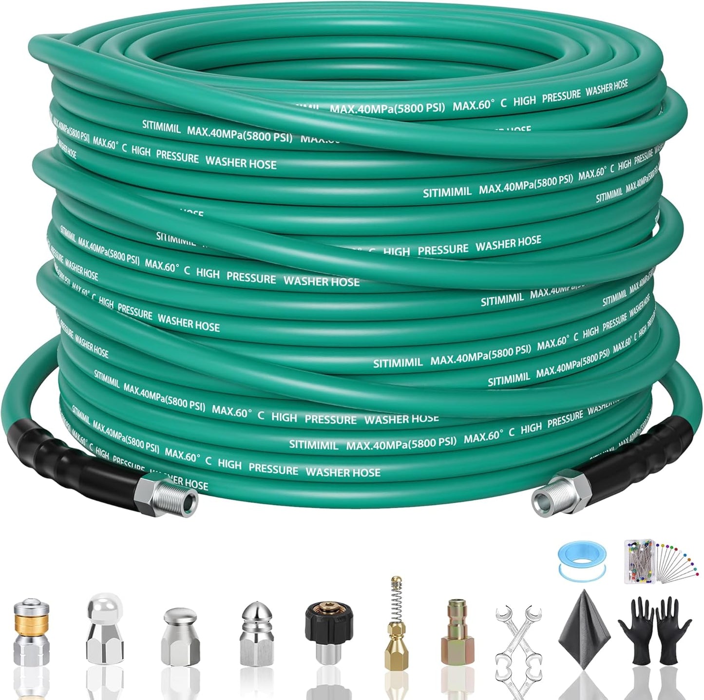 50FT Sewer Jetter Kit for Pressure Washer with Nozzles and Adapters