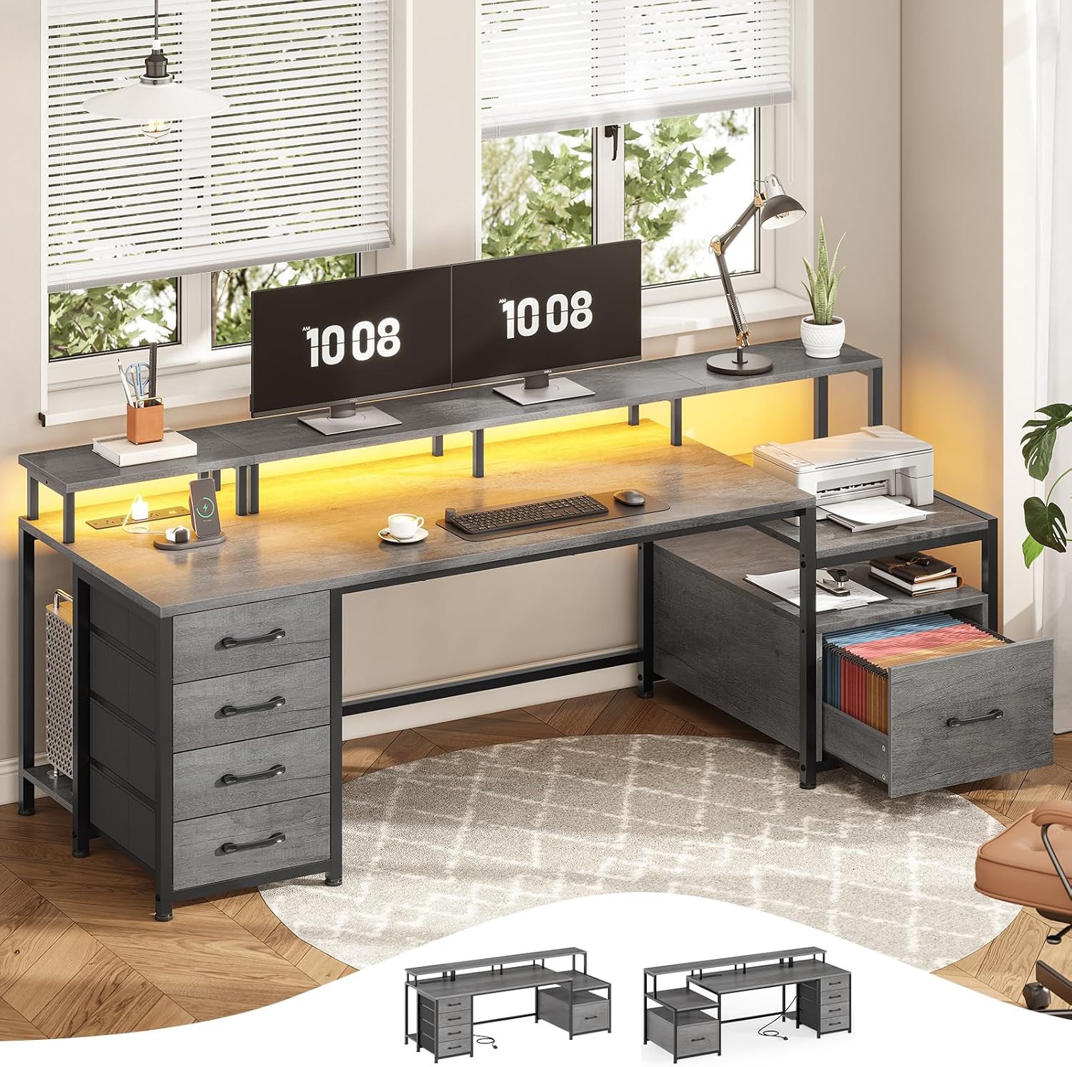 SEDETA 75ft' Computer Desk with 5 Drawers and LED Lights