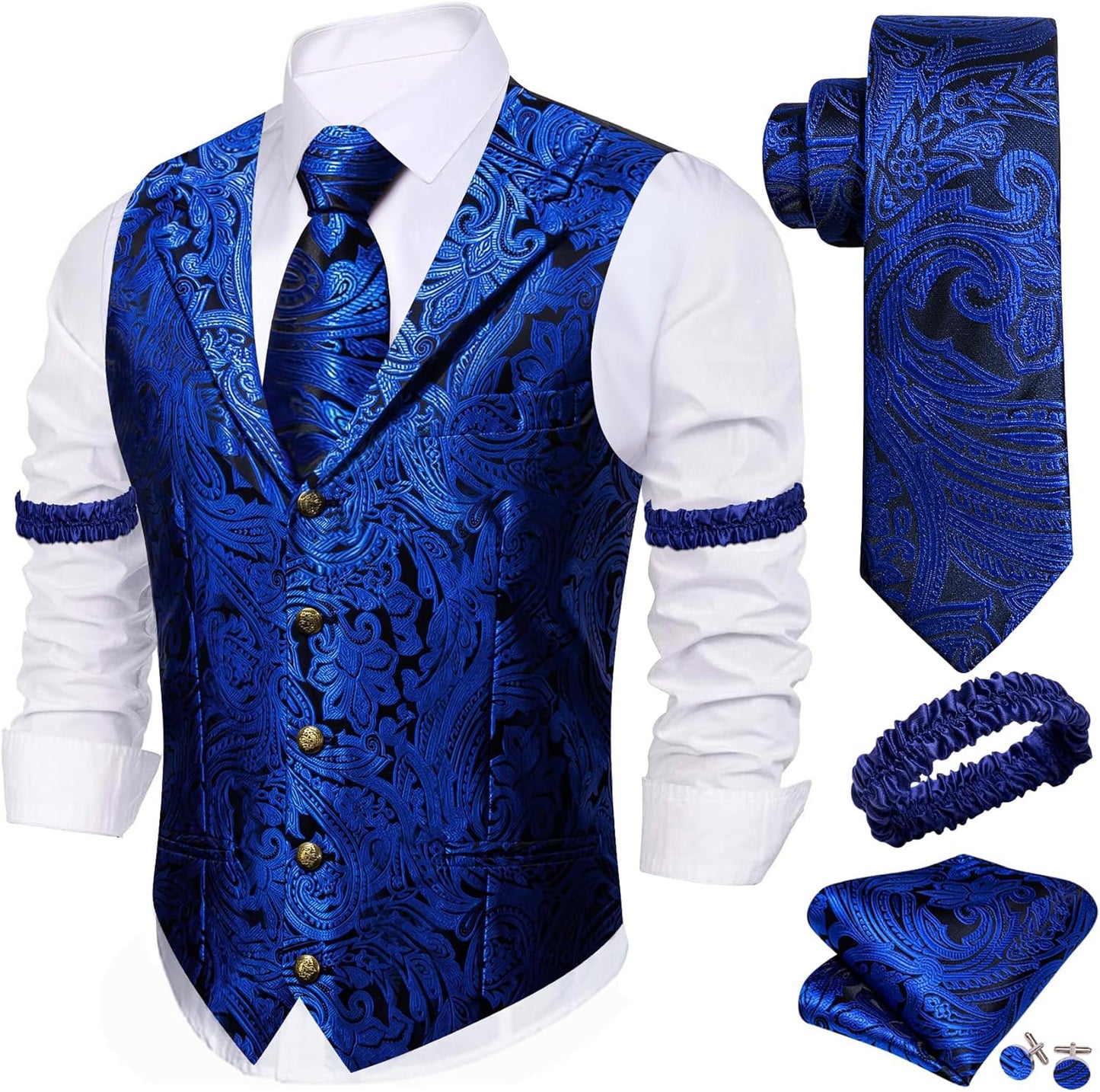 Stylish Mens Silk Lapel Vest Tie Sleeve Holder Set for Weddings