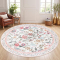 Pink Floral Round Rug 6ft - Washable Boho Circle Rug for Living Room