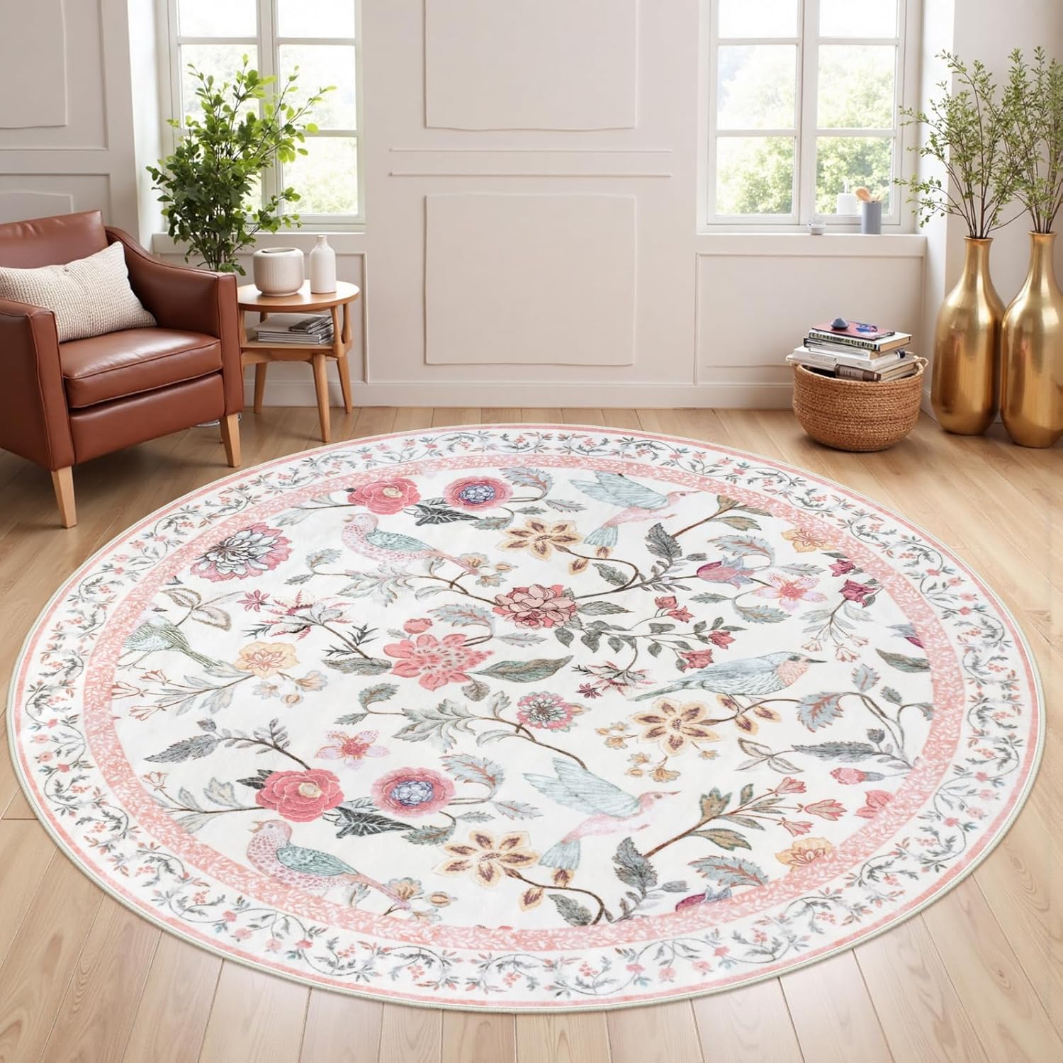 Pink Floral Round Rugs 6ft for Living Room and Kids Room