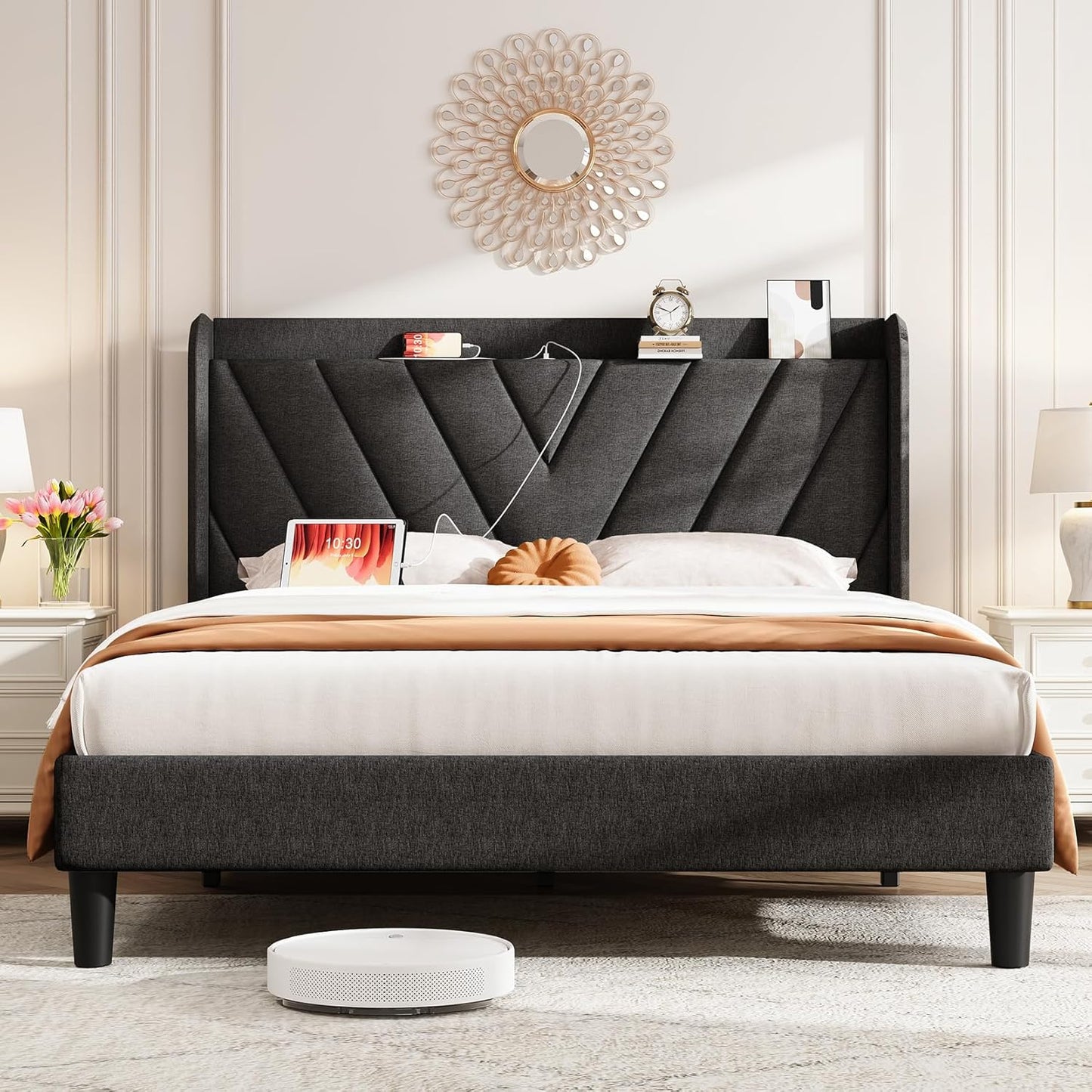 Koorlian Queen Bed Frame with Adjustable Headboard and USB Ports