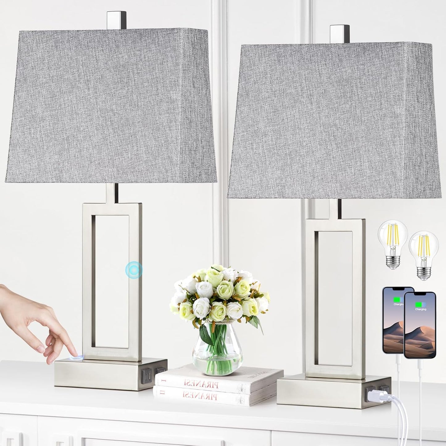 Touch Control Table Lamps Set of 2 with USB Ports and AC Outlet