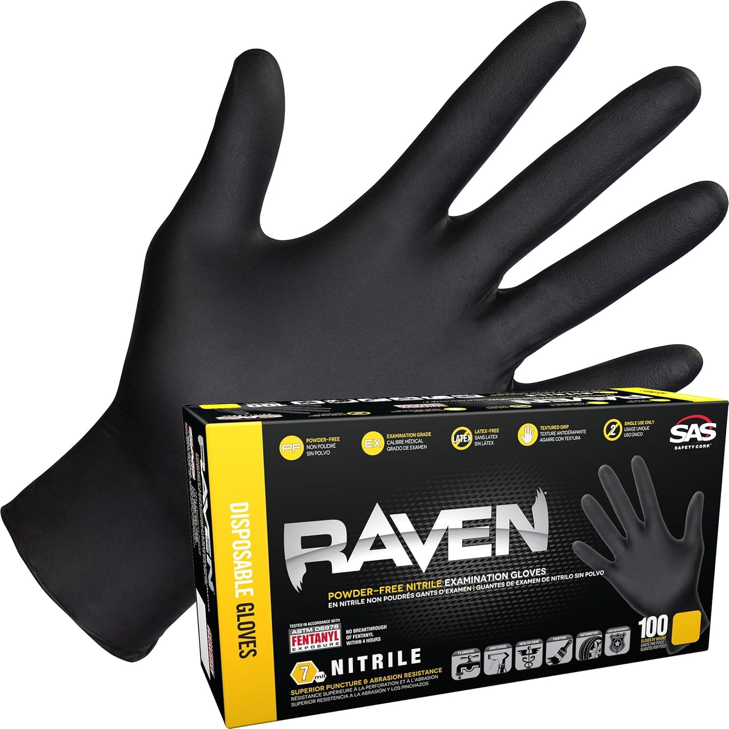100 Large Raven Black Nitrile Gloves, 7-Mil Thickness 