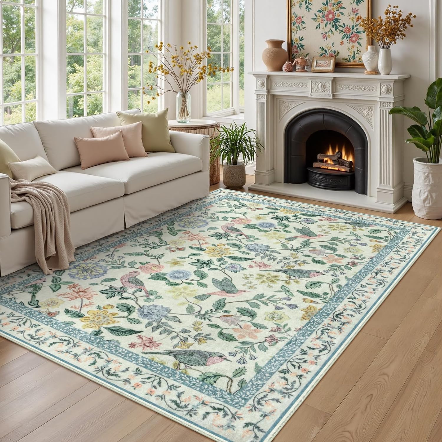 Green Floral 5x7 Area Rug - Soft Non-Slip Boho Indoor Carpet