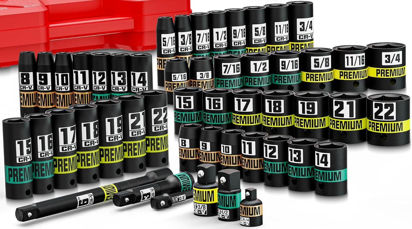 3/8 Drive Impact Socket Set - 50-Piece SAE and Metric Tools