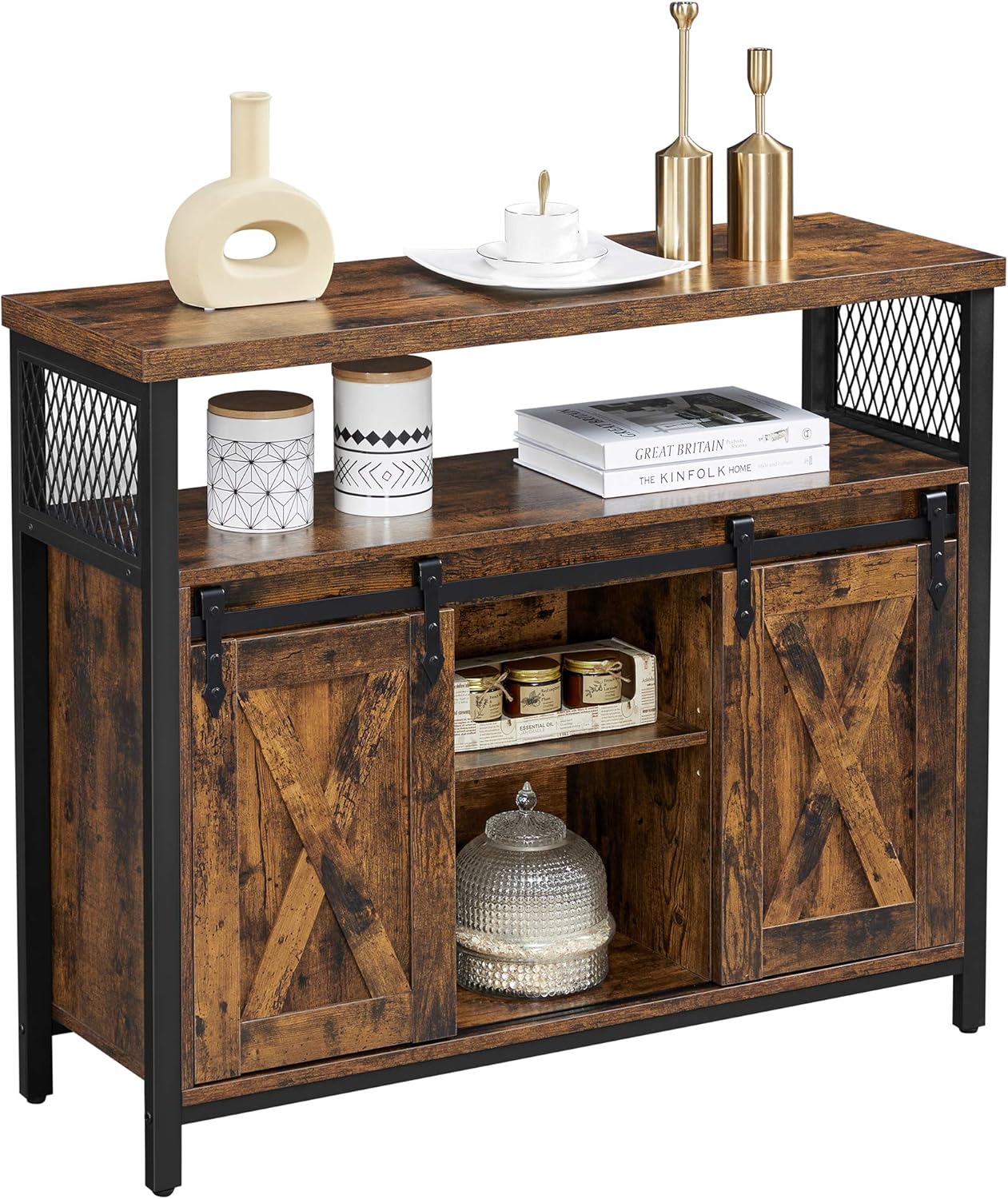 VASAGLE Rustic Brown Buffet Cabinet ~ Adjustable Shelves & Sliding Barn Doors